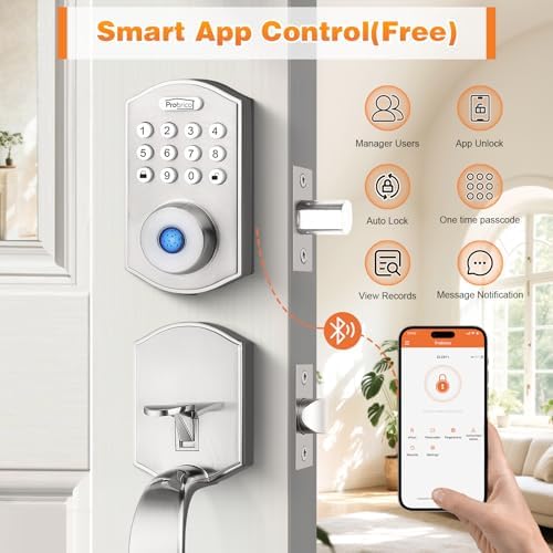 Probrico Smart Keyless Entry Door Lock Deadbolt,Front Door Handleset with Fingerprint Deadbolt, Electronic Digital Keypad Deadbolt Lock with Handle,App,Auto-Locking,Satin Nickel