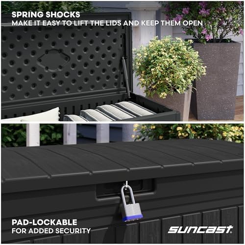Suncast 80 Gal, Large Outdoor Patio Deck Box, Pad-Lockable Lid, Iron Ore