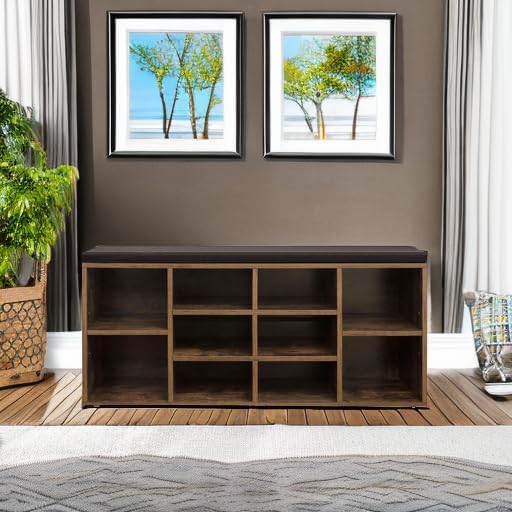 VASAGLE CUSTOS Collection - Shoe Bench, Storage Bench with Padded Seat, Entryway Bench with 10 Compartments, for Bedroom, 11.8 x 40.9 x 18.9 Inches, Rustic Brown and Chestnut Brown ULHS010X01
