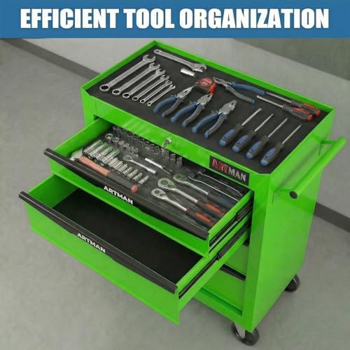 4-Drawer Rolling Tool Chest - Heavy Duty Tool Storage Cabinet with Lockable Wheels & Drawer Liners, Tool Cart with Key Lock,Tool Organizer Box for Garage, Warehouse & Repair Shop (Green)