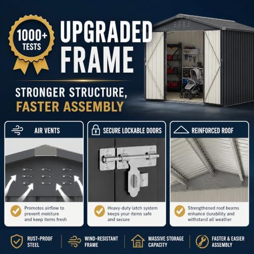 8x8 FT Outdoor Metal Storage Shed with Lockable Doors and Upgraded Frame,Garden Sheds with Sloped Roof for Backyard, Patio, Garage, Lawn, Dark Gray