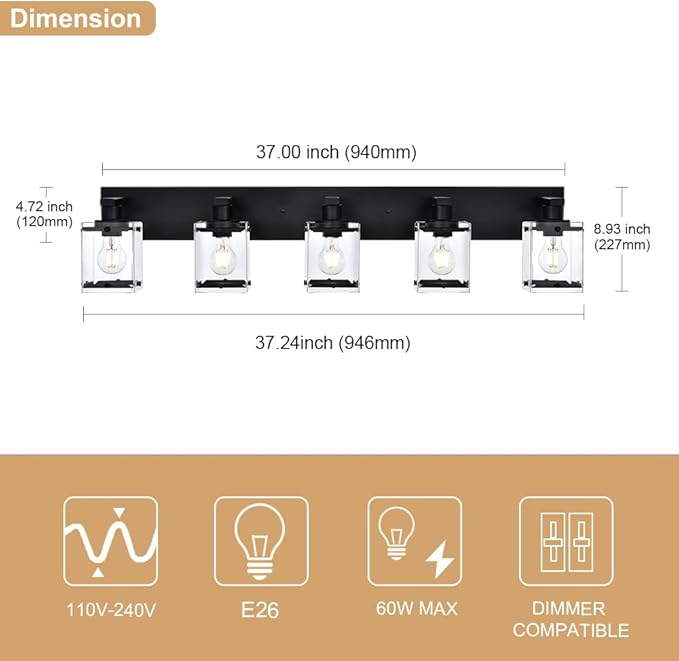 WINSHEN 5-Light Modern Vanity Lighting, E26 Bulb Base