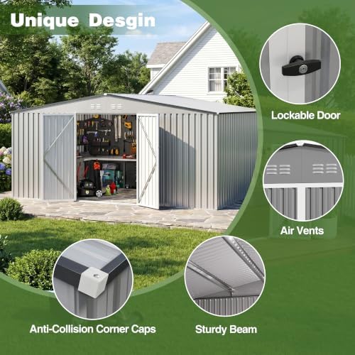 14 x 12 FT Outdoor Storage Shed, Heavy-Duty Galvanized Steel Tool Shed with Reinforced Frame, 2Magnetic Light, Lockable Double Door & Side Vents for Backyard Large Equipment, Gray