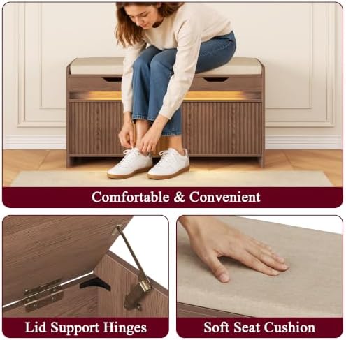 HOMEFORT Shoe Storage Bench, Modern Entryway Bench with Fluted Doors & Built-in LED Sensor Light, Wooden Shoe Bench with Cushion for Hallway and Bedroom, Walnut