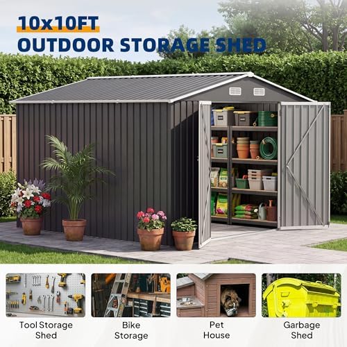 UDPATIO 10X10 FT Outdoor Storage Shed, Metal Shed for Patio&Garden,Grey