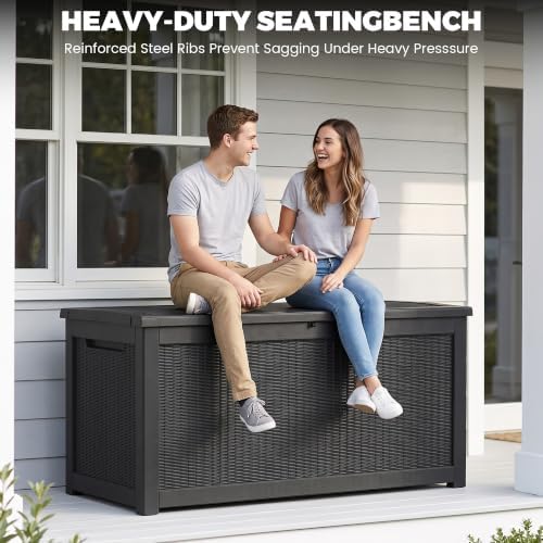 380 Gallon Outdoor Deck Box, Lockable Waterproof Outdoor Storage Boxes For Garden Tools,Indoor Cushions,Accessories Outside Storage Resin Weatherproof Container, Black