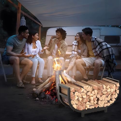 34-inch Firewood Rack Outdoor Indoor with Log Carrier Bag, Stable Log Holder Rustproof Metal Wood Rack for Fireplace Patio Deck Firepit, Heavy Duty Firewood Storage Organizer Tool, Black