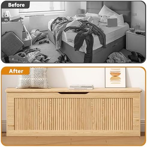 Akxomel 51.2" Fluted Storage Chest Wooden Storage Trunk 2 Safety Hinges Oak