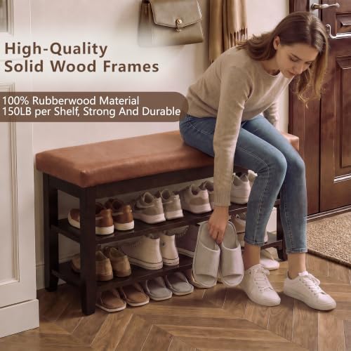40"Wooden Shoe Rack with Seat, Entryway Bench with Shoe Storage Light Brown