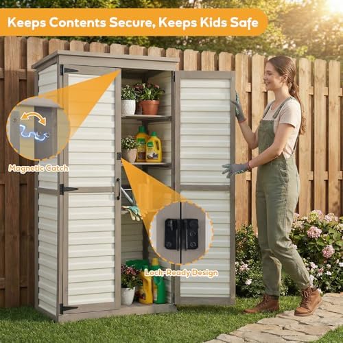 Outdoor Storage Cabinet, Wood & Plastic Garden Shed with Adjustable Shelves