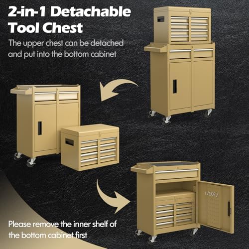 DREAMADE 5-Drawer Tool Chest Combo, Rolling Tool Cabinet w/Detachable Top Tool Box, Adjustable Shelves, Lockable Wheels, Metal Tool Box for Garage, Workshop, Repair Shop Storage (Yellow)