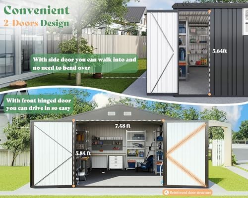 AMERLIFE 10x21x7.3 FT Metal Garage Shed with Double Hinged Doors, 4 Windows