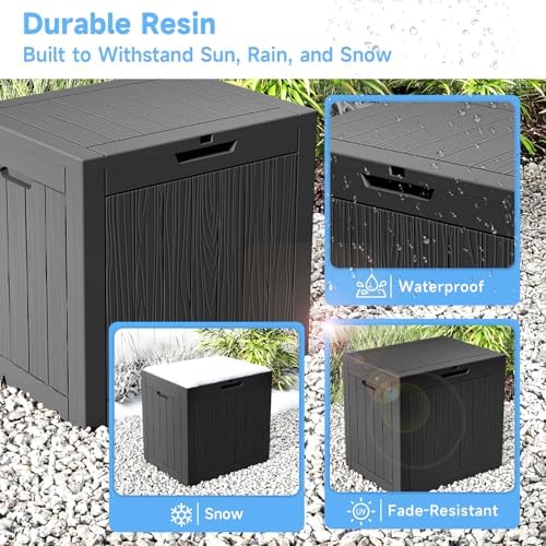 Vixzen Outdoor Storage Deck Box Waterproof Resin Lockable Outside Bench Porch Patio Furniture Pool Float Garden Tool Cushion UV Resistant Bin（40 Gallon, Black）