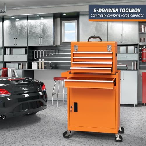5-Drawer High Capacity Rolling Tool Chest, Removable Cabinet Storage Tool Box with Wheels and Drawers, Detachable Toolbox with Lock for Mechanics Garage Workshop and Tool Room (Orange)