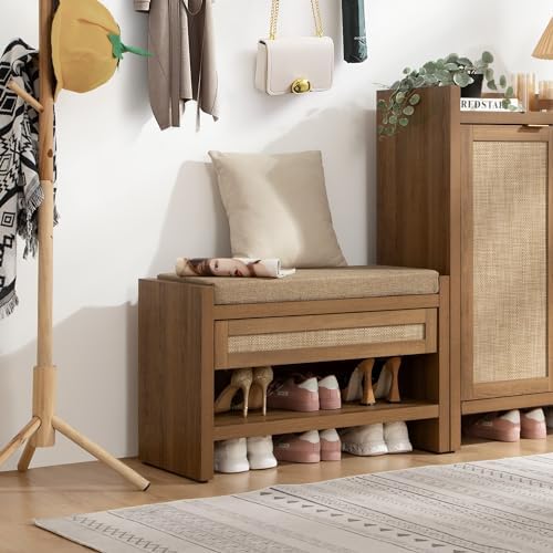 SICOTAS Rattan Shoe Bench Entryway Bench with Storage Drawer, Linen Cushion