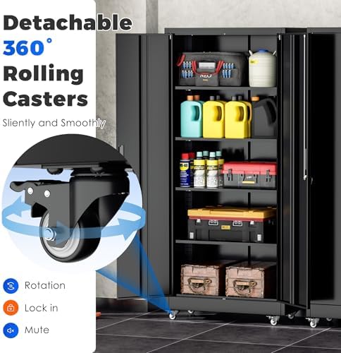 INTERGREAT Metal Storage Cabinet with Wheels, 72" Garage Storage Cabinets with Door and 4 Shelves, Tool Storage Locker on Caster for Home, Office, Black