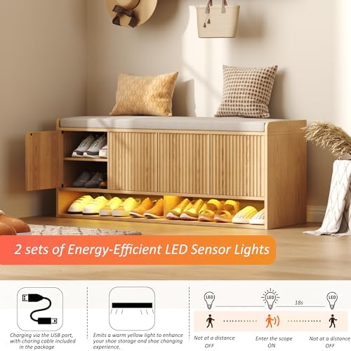 HOMEFORT 47.2" Fluted Shoe Storage Bench, Entryway Bench with Linen Seat Cushion, Shoe Cabinet Bench with Adjustable Shelf and Built-in LED Sensor Light, Bench for Bedroom End of Bed, Natural Oak