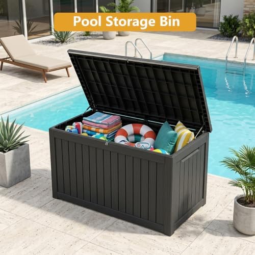 300 Gallon Outdoor Storage Box Waterproof Lockable Resin Deck Box Large, Patio Storage Bin for Pool Accessories Cushion Furniture, Garden Tools, UV-Resistant Outside Delivery Black