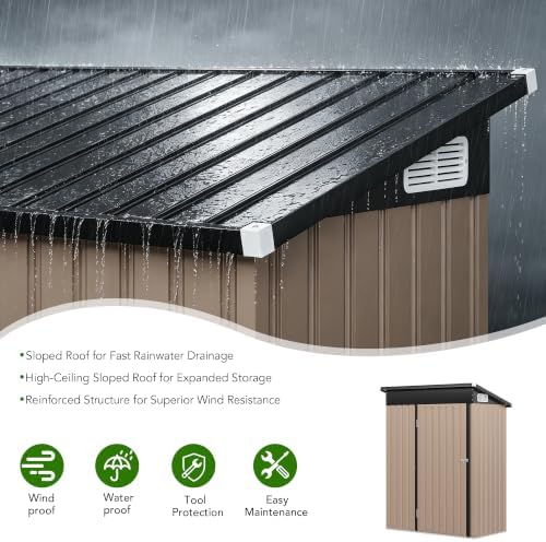MXV 5x3 FT Outdoor Metal Storage Shed, Lockable Galvanized Steel Tool House with Sloped Roof, Waterproof Shed for Backyard, Garden, Patio, Brown