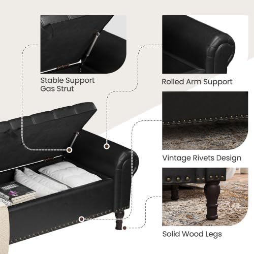YOUDENOVA 60” Ottoman with Storage, Upholstered Storage Ottoman Bench with Rolled Arms, PU Leather Storage Bench for Bedroom, Living Room, Entryway, Black
