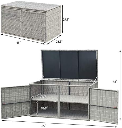 Tangkula Outdoor Wicker Storage Box, Garden Deck Bin with Steel Frame, Rattan Storage Box with Lid, Ideal for Storing Tools, Accessories, 88 Gallon Capacity (Grey)