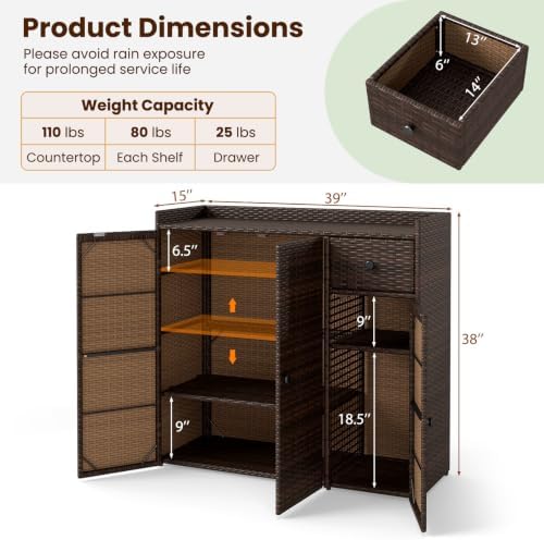 Tangkula Rattan Outdoor Storage Cabinet with 2 Adjustable Shelves