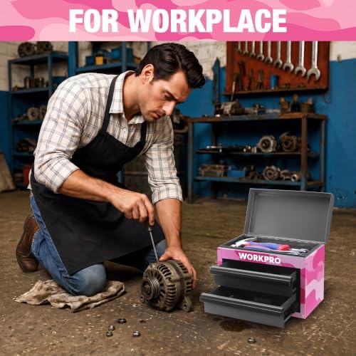 WORKPRO Metal Mini Tool Box with 2 Drawers and Top Storage