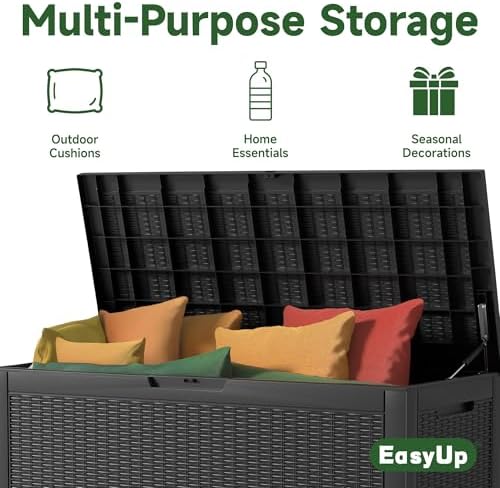 EasyUp 120 Gallon Outdoor Storage Box Waterproof, UV Resistant Resin Deck Box with Hydraulic Rod, Reinforced Stability for Patio, Garden, Rattan Black