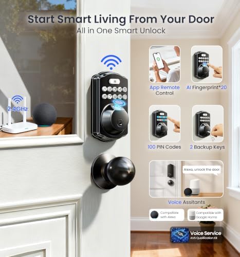 Veise VE012W-K WiFi Fingerprint Smart Lock with 2 Knob Set, Matte Black