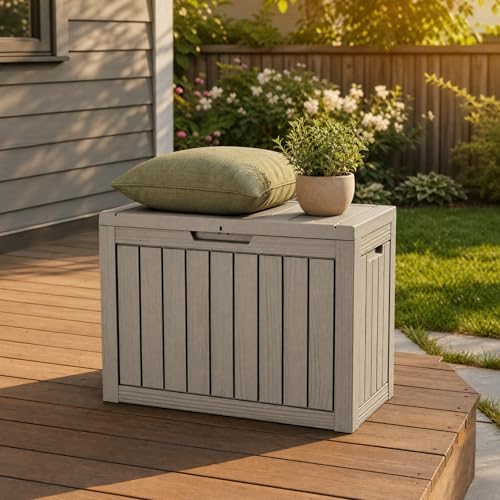Outdoor Storage Box Resin Deck Box Waterproof Gray Brown 51 Gallon