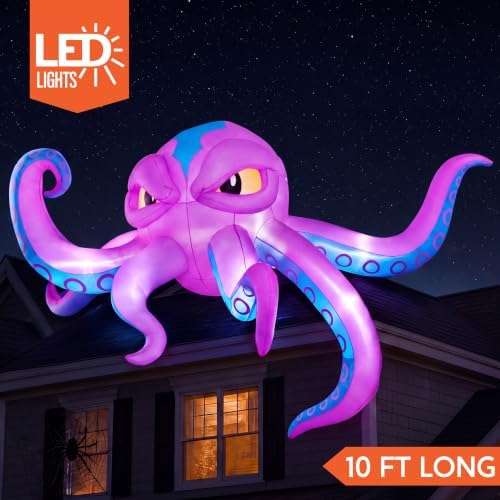 JOYIN 10FT Long Halloween Inflatable Rooftop Octopus Decoration with Built-in LED Lights, Self-Inflating Blow Up Octopus for Outdoor Yard Lawn Garden House Patio Porch, Spooky Glowing Halloween Decor
