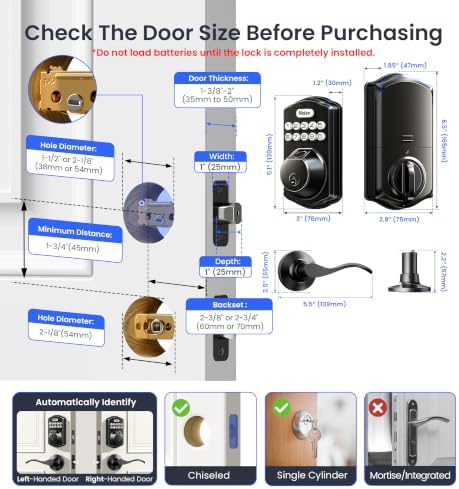 Veise VE012W-B Smart Wi-Fi Deadbolt Lock with Handle Set, Matte Black