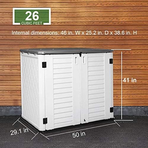 Horizontal Outdoor Garden Storage Shed for Backyards and Patios, Plastic Storage Box Waterproof, Small Shed 26 Cubic Feet Capacity for Bike, Garbage Cans, Lawn Mower, Tools and Garden Accessories