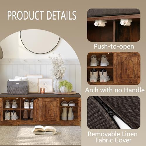 DINZI LVJ Shoe Storage Bench with Cushion, Door, Rustic Brown 47.2"LX17.7"H