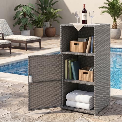 Tangkula Rattan Outdoor Storage Cabinet with 3 Storage Shelves