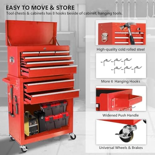 8 Drawers Rolling Tool Chest, 2-in-1 Detachable Metal Tool Storage Cabinet with Wheels, Lockable Tool Cart with Hooks for Garage, Workshop or Salon Use, Red