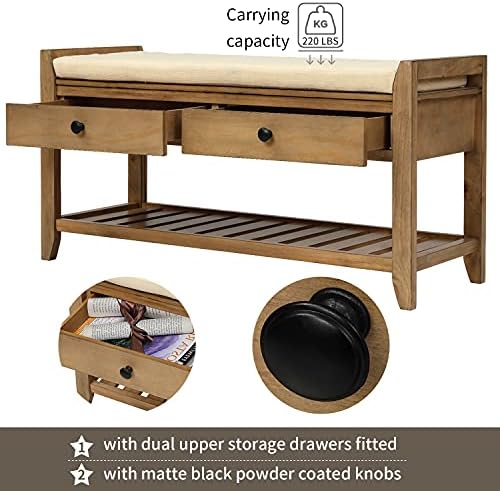 Merax Classic Wood Entryway Bench with Shoe Storge Wood Bench for Hallway Front Door Old Pine with Drawers and Seat Cushion Old Pine