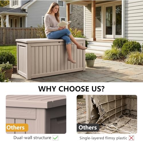300 Gallon Outdoor Storage Box Waterproof Lockable Resin Deck Box Large, Patio Storage Bin for Pool Accessories Cushion Furniture, Garden Tools, UV-Resistant Outside Delivery Grey