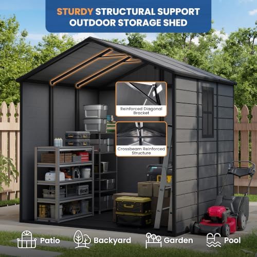 Amopatio 8x6 FT Resin Shed, Outdoor Storage Shed with Floor Included, Plastic Sheds Outdoor Storage for Garden Tools, Bike, Sheds & Outdoor Storage with Lockable Door, Window & Vents, Dark Grey
