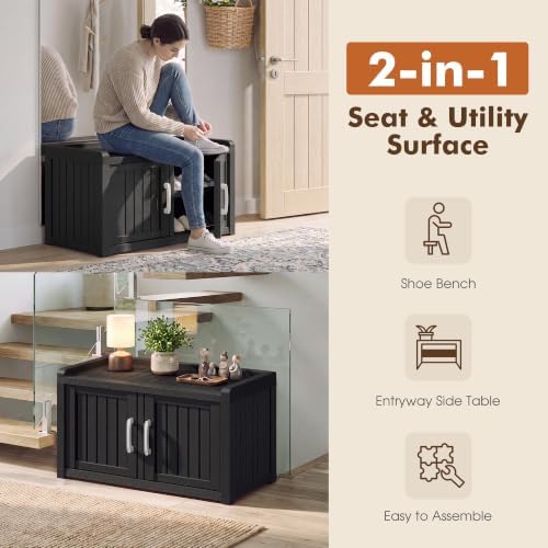 2-Tier Storage Bench, Waterproof UV-Resistant Outdoor Shoe Storage Cabinet with 2 Doors & Adjustable Shelves for Indoor Outdoor Entryway, Hallway, Living Room (Black)