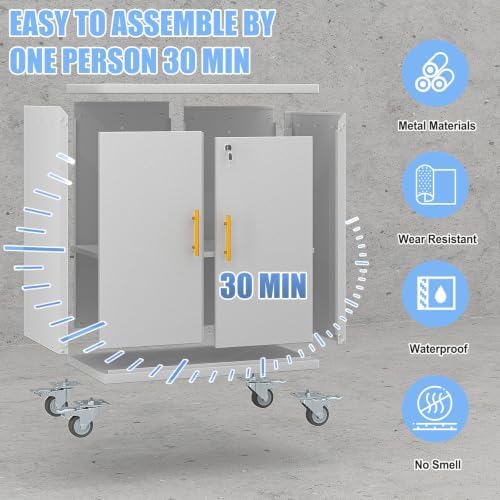 35.6" Rolling Metal Garage Storage Cabinet with Wheels & Lock, Grey White
