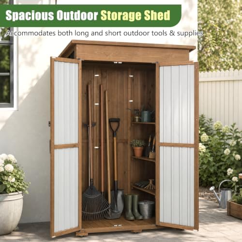 Outdoor Storage Cabinet, 51.4" W x 22.5" D x 70.5" H Tall Wood & Metal Garden Tool Shed with Fold-Out Table, 3 Fixed Shelves, Lockable Doors, Asphalt Roof for Patio, Backyard, Garage