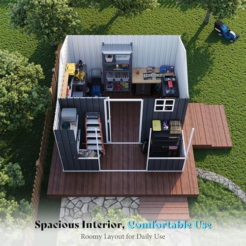VanAcc 9x9x7 FT Metal Shed with Dual Storage Zone and Work Area