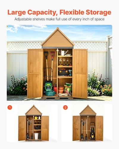 VEVOR Outdoor Storage Shed, 30" x 66.93" Wood & Metal Garden Tool Shed with Lockable Doors & Sloped Roof, Waterproof Outside Storage Cabinet with Shelves & Floor for Backyard Patio Lawn, Brown