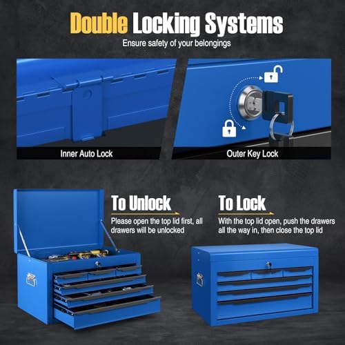 Tool Box, 6-Drawer Steel Tool Chest with Top Storage Automatic Lock & EVA Liner, Portable Tool Storage Organizer for Repair Shop Garage Warehouse (Blue)