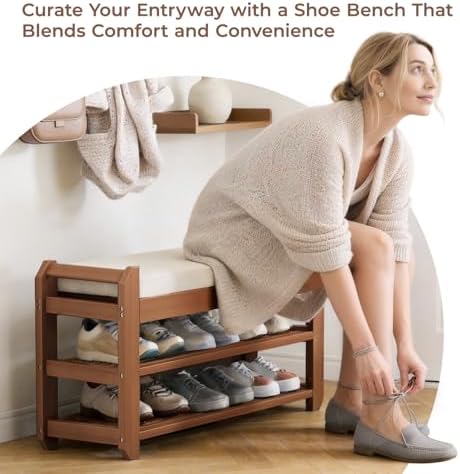 27.6" Entryway Shoe Rack Bench with Cushion, 2-Tier Storage Bench