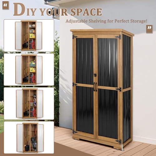 Outdoor Storage Cabinet, Wood & Metal Storage Shed with Weather-Resistant Roof, Removable Shelves, Lockable Doors, Outside Storage Tool Organizer for Garden, Patio, Backyard, Garage, Pool