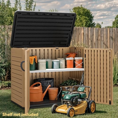 DWVO Outdoor Storage Shed, Weatherproof Resin, 35 Cu Ft Capacity, Horizontal Design, X-Shaped Lockable Door, Suitable for Bike, Garden Tools, Trash Cans, Brown