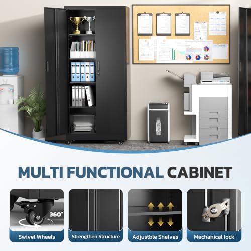 Greenvelly Metal Storage Cabinet with 4 Swivel Wheels,73" H Black Garage Storage Cabinet with Wheels, Rolling Tool Cabinet with Locking Doors and Shelves for Home,Basement, Kitchen Pantry,Warehouse
