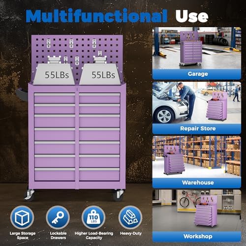 INTERGREAT 7 Drawers Rolling Tool Box with Pegboard,Portable Tool Chest with Wheels, Tool Box Organizer with Locking System for Garage, Purple